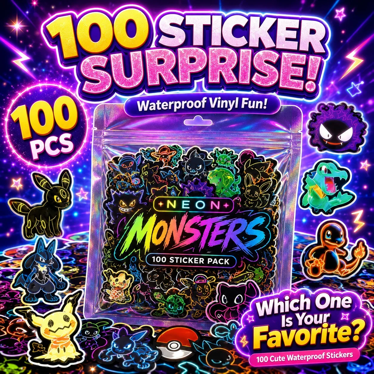 100 stuks neon Pokémon-sticker - Handbags recensie en prijs